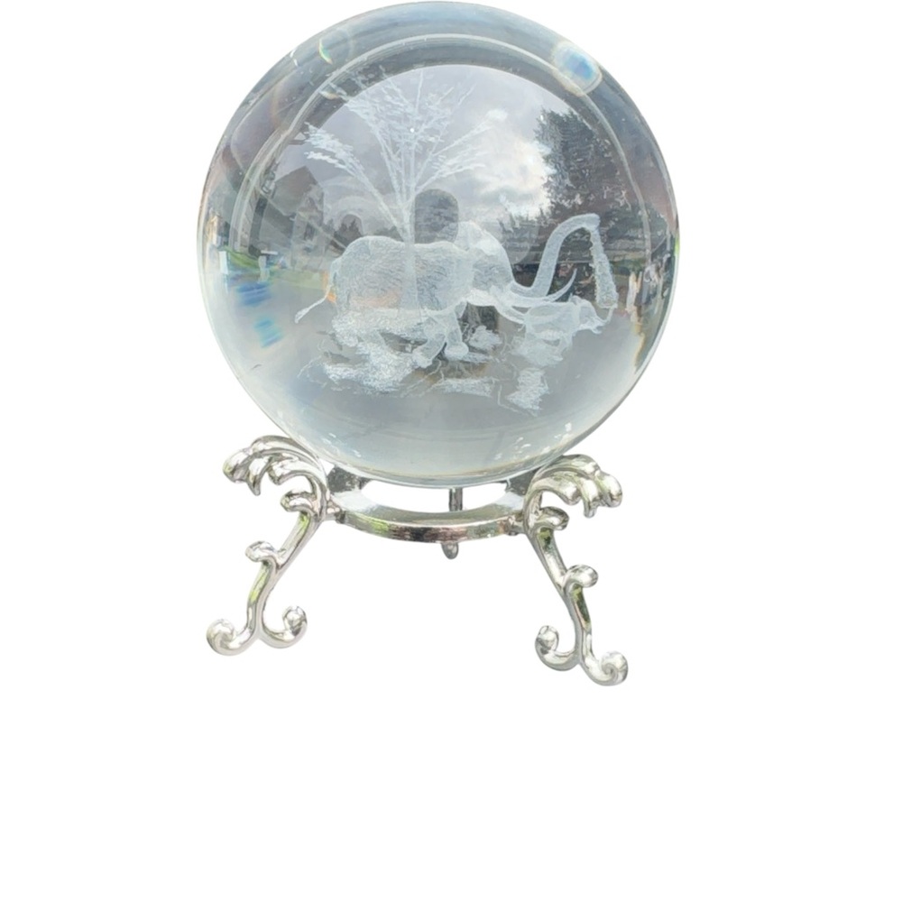 3D Laser Engraved Crystal Ball Paperweight With Stand Mom And Baby Elephant
